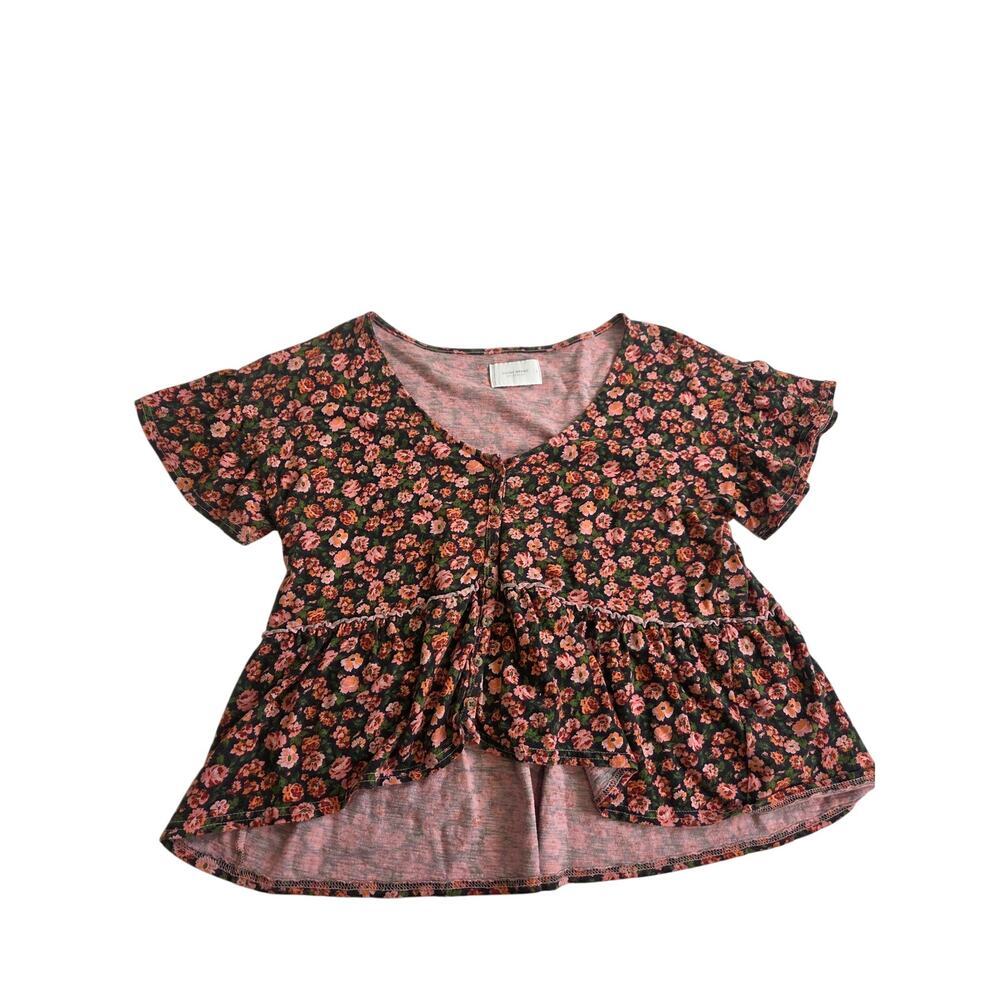 Lucky Brand Women's Brown/ Pink Floral Print Short Sleeve Button-Up Top Large